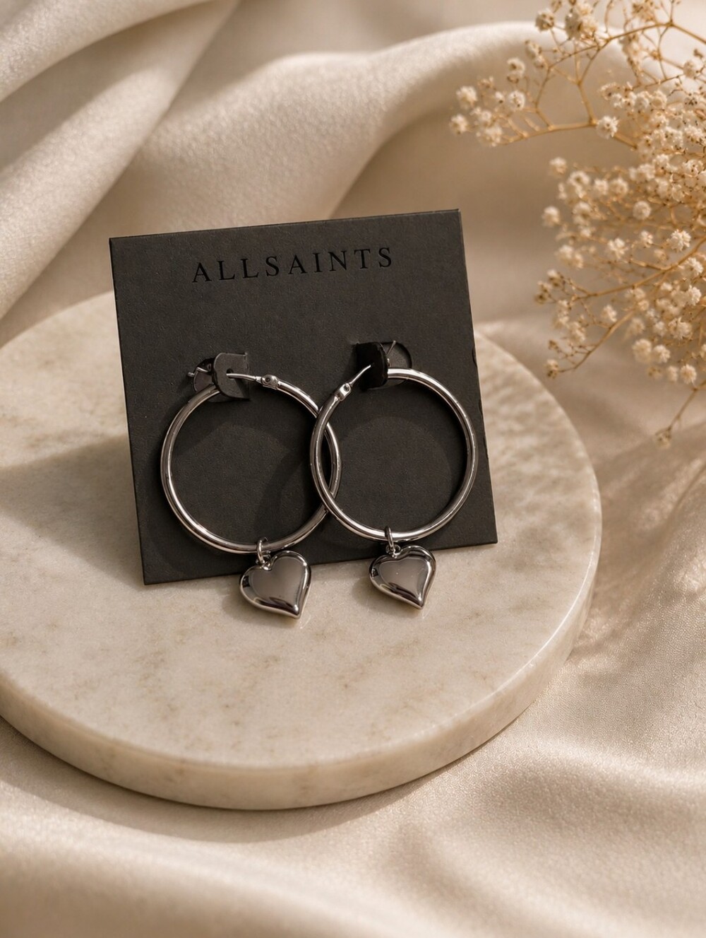 AllSaints Silver Heart Hoop Earrings